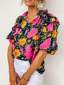 Floral Print Tie Neck Frill Trim Flounce Sleeve Blouse - Multicolor - View 3