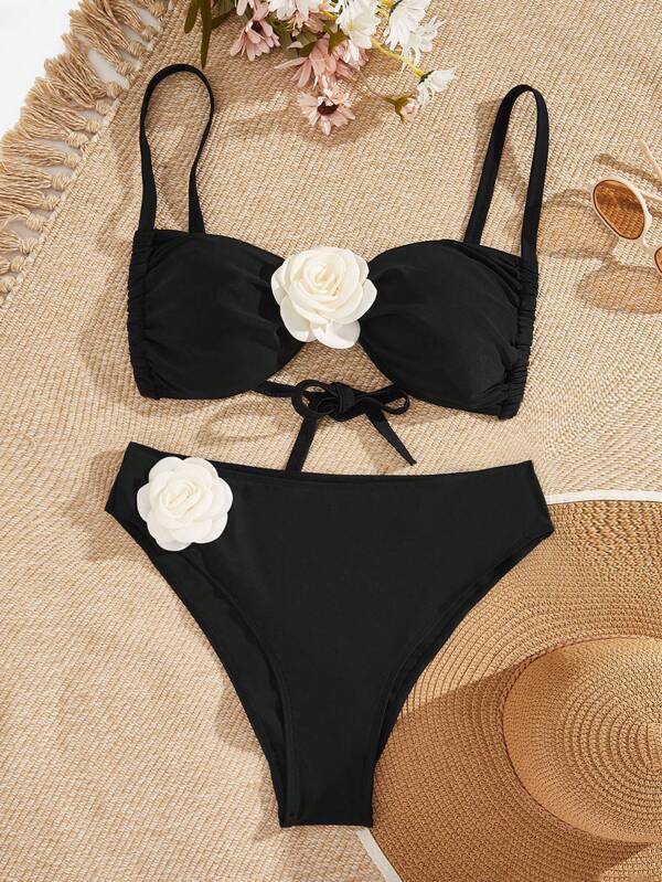 Swim Vcay Summer Beach Plus Size Women's 3d Flower Embellished Spaghetti Strap Bikini Set Wedding