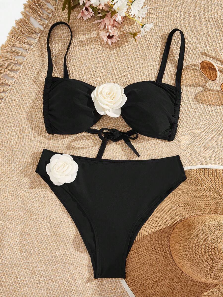 Swim Vcay Summer Beach Plus Size Women's 3d Flower Embellished Spaghetti Strap Bikini Set Wedding - Black - View 1