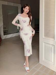 DAZY Váy lưới hoa dài tay dành cho nữ, Quần áo mùa thu dành cho nữ - trắng - Xem 3