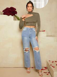 SHEIN BAE 女士不对称领口镂空长袖 T 恤 - 軍綠色 - 查看 5