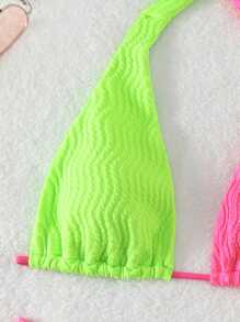 SHEIN Swim Women's Summer Beach Color Block Knot Back Halter Neon Bikini Set Bathing Suit - Multicolor - View 5