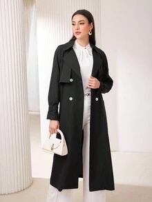 Modelyn Women's Solid Color Double Breasted Belted Trench Coat - Black - View 4