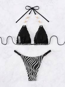 SHEIN Swim Conjunto de Maiô Bikini Separado de Listras Colorblock para Praia no Verão - Multicolorido - Visão 5