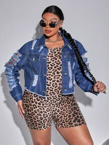 SHEIN SXY Plus Size Denim Jacket With Frayed Edges And Distressed Details - Blue - View 5