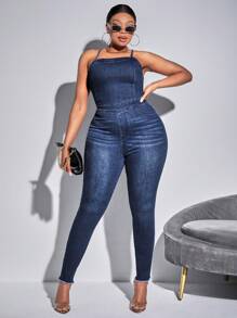 SHEIN SXY Plus Size Women'S Denim Jumpsuit With Backless Design And Tie Straps - Blue - View 2