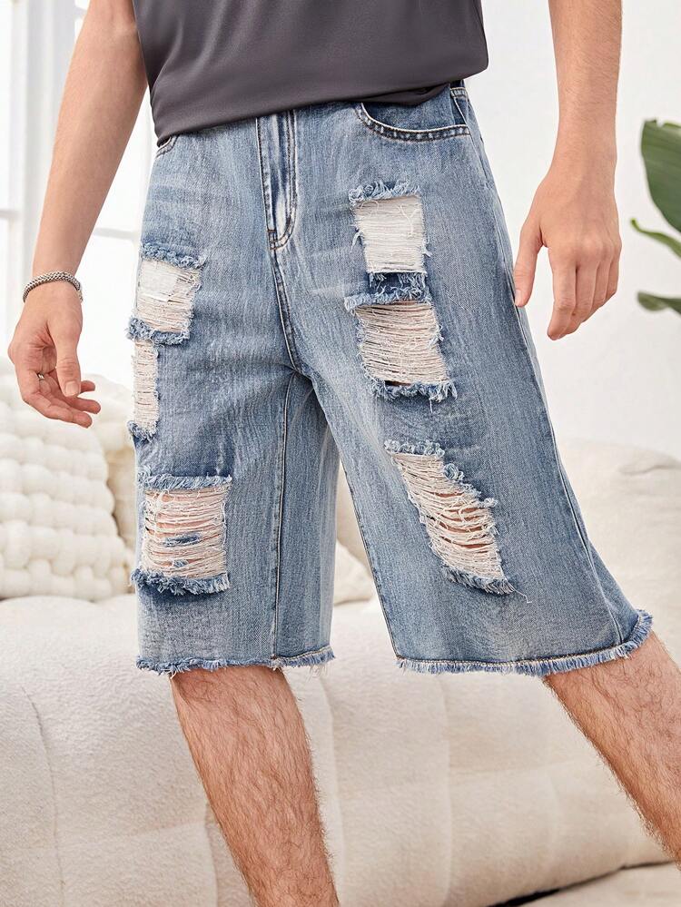 Teen Boys' Vintage Street Style Crinkle Cut, Ripped, Washed, Loose Fitting & Comfortable Denim Shorts