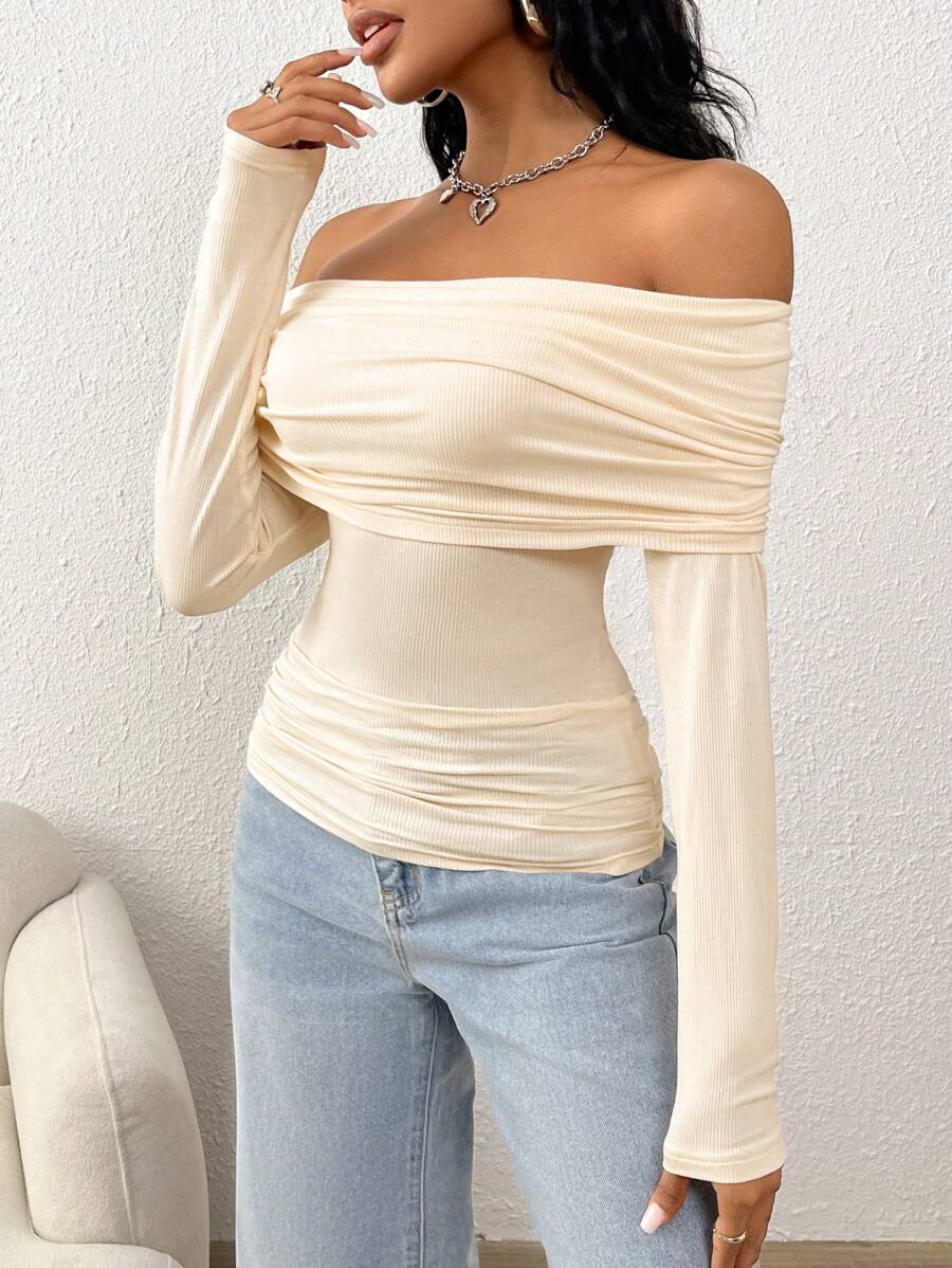 SHEIN EZwear 女士純色不對稱露肩t恤 - 米色 - 查看 1