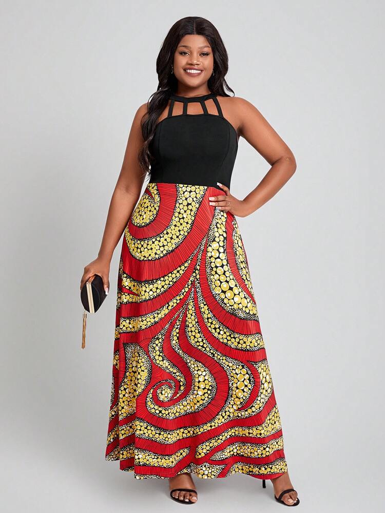 Plus Size Women'S Printed Patchwork Hollow Out Halter Dress