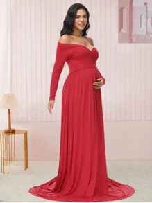 Maternity Off-Shoulder Floor-Length Photography Dress - Burgundy - View 4