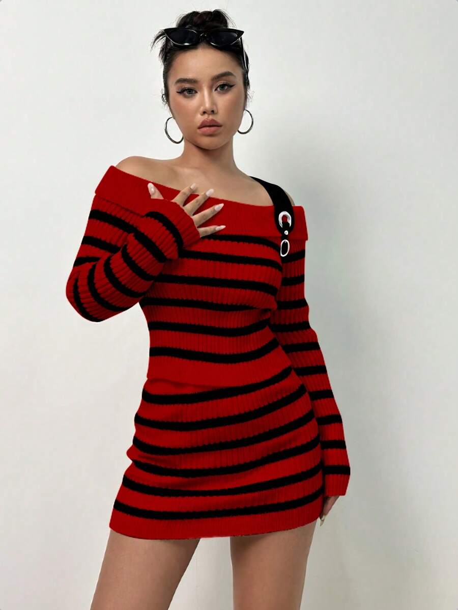 Flirla Women's Off Shoulder Striped Long Sleeve Sweater And Knit Skirt Two Piece Set Fall Cloth For Women - Red - View 1