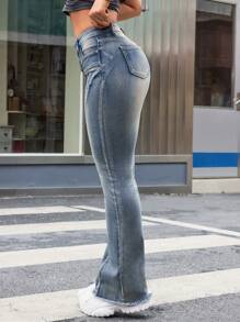 SHEIN ICON Women's High-Waisted Retro Flared Jeans With Button Fly And Washed Effect - Dark Wash - View 5