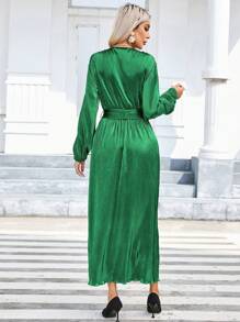 SHEIN Privé Women's Solid Color Lantern Sleeve Wrap Belted Dress
