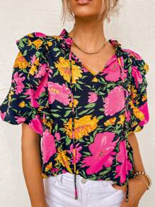 Floral Print Tie Neck Frill Trim Flounce Sleeve Blouse - Multicolor - View 1
