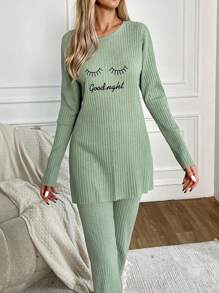 EURMUSE Letter Printed Ribbed Knit Lounge Wear Set - Green - View 5