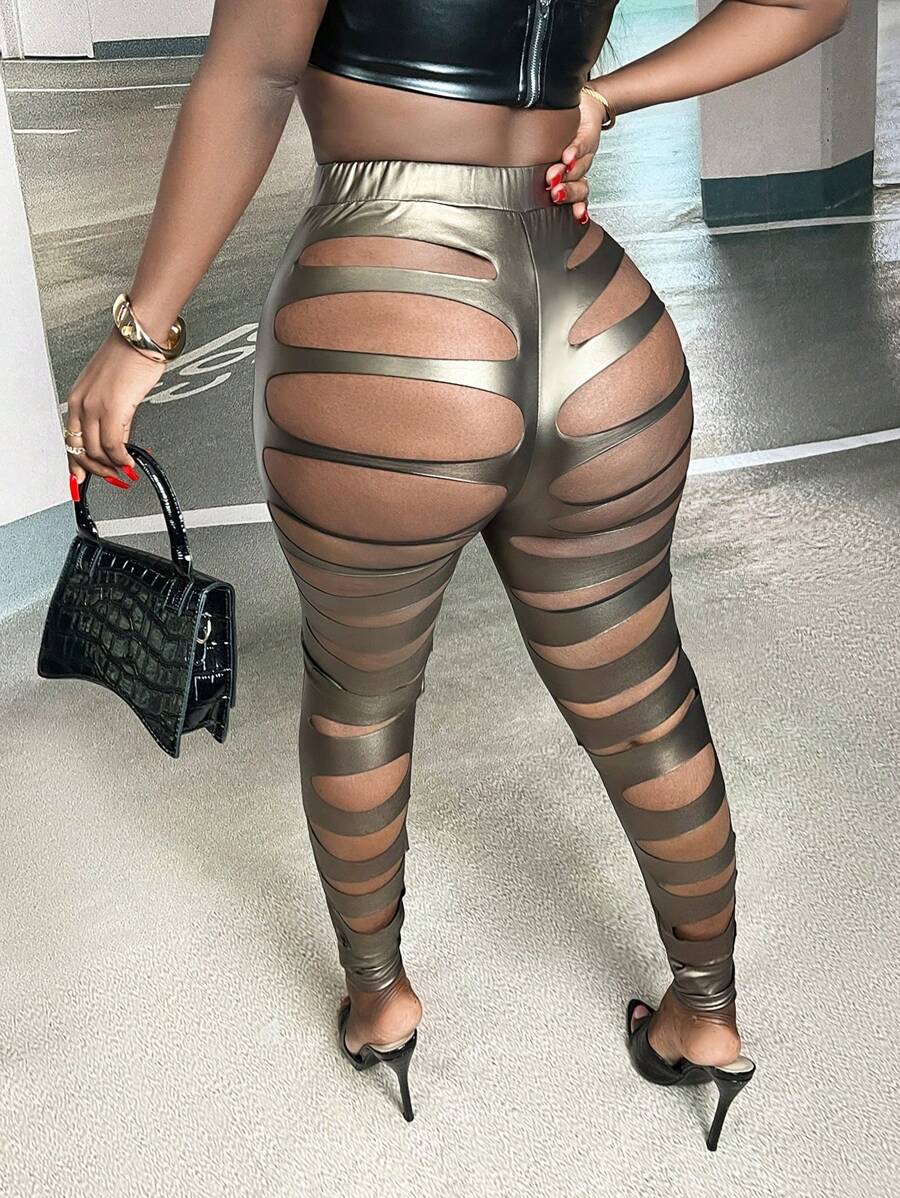 Slaydiva Leggings PU Con Corte De Agujero Y Respaldo - Marrón - Ver 1