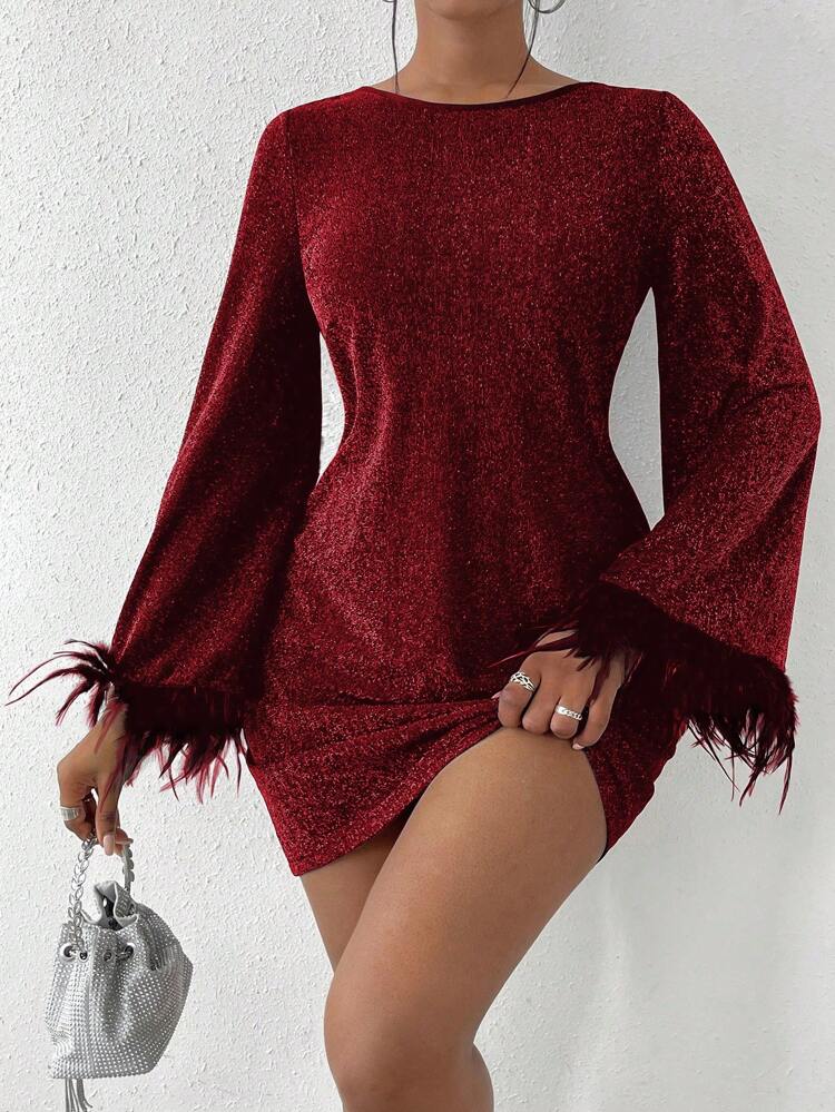 Women's Fuzzy Cuff Round Neck Sweater Dress