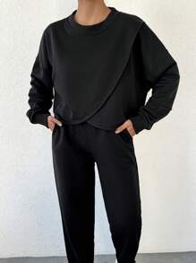 RueChic Women's Wraparound Long Sleeve Sweatshirt And Tracksuit Pants Set - Black - View 6
