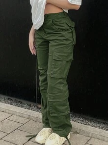 GILIPUR Pantalones cargo casuales de mujer con bolsillo lateral con solapa - Verde militar - Ver 3