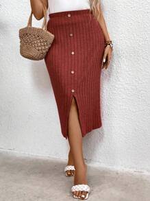 Calvaya 大碼條紋針織前開襟分叉裙 - 紫紅色 - 查看 5