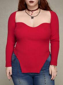 ROMWE PUNK Plus Size Women's Sweetheart Neck Sweater Pullover - Red - View 1