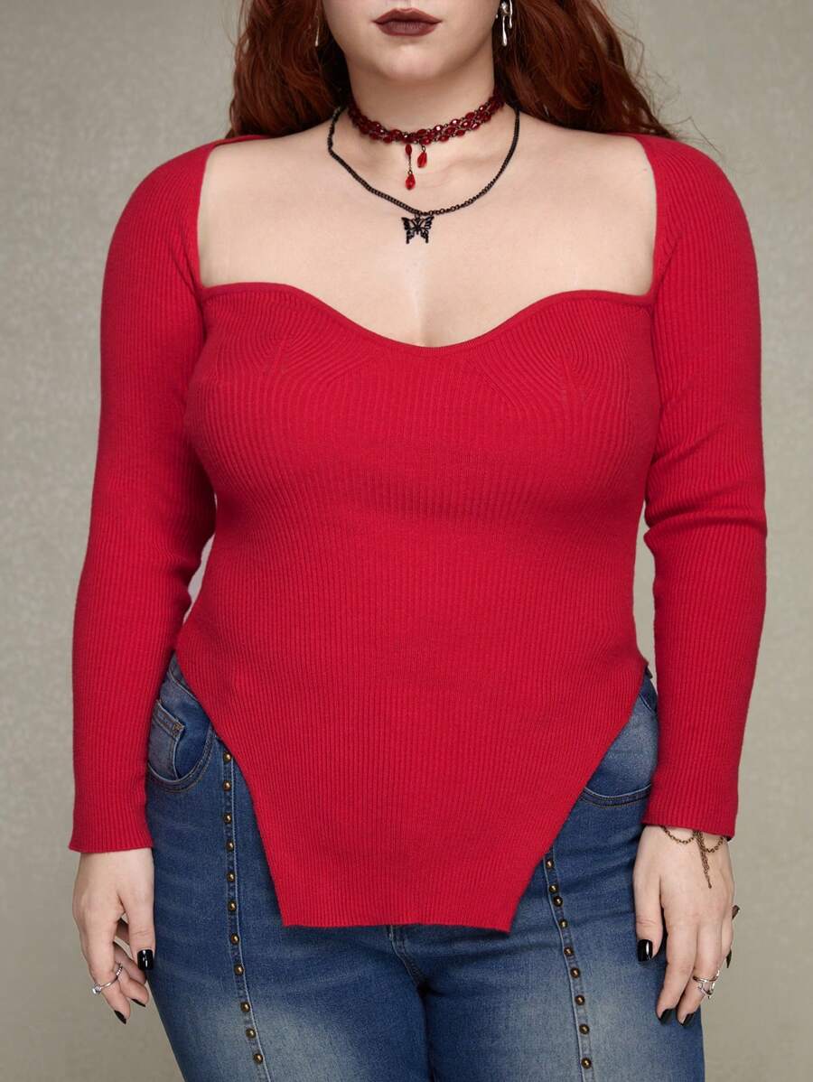 ROMWE PUNK Plus Size Women's Sweetheart Neck Sweater Pullover - Red - View 1