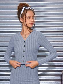 SHEIN Teen Girls' Ribbed Knit Jacket & Cami Dress Casual 2pcs Set - Baby Blue - View 6