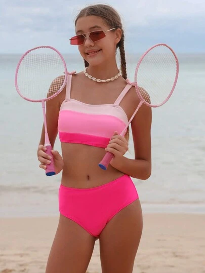 Teen Girl Color Block Bikini Set With Bow Decoration Summer Beach Kids Swimming ,Kids Beachwear