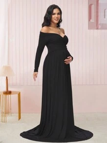 Maternity Open Shoulder V-Neck Long Sleeve Floor-Length Dress For Photography - Black - View 8