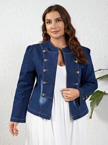 SHEIN Privé Kích thước lớn Nút Đồ trang trí Áo khoác denim Với Mở Mặt trước - Rửa nhẹ - Xem 1