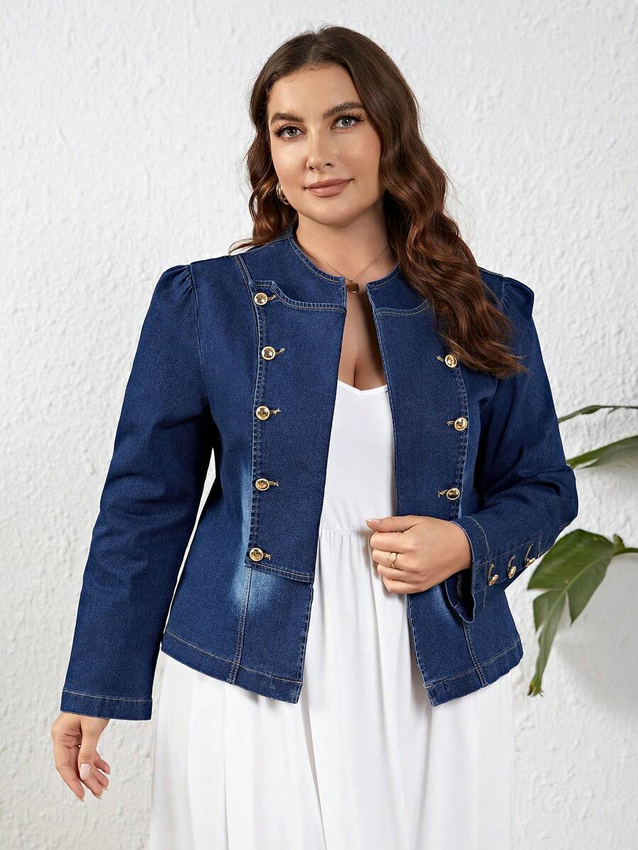 SHEIN Privé Kích thước lớn Nút Đồ trang trí Áo khoác denim Với Mở Mặt trước - Rửa nhẹ - Xem 1