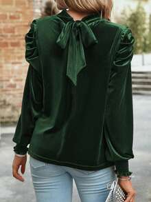 女純色立領羊腿袖t卹 - 綠色 - 查看 2