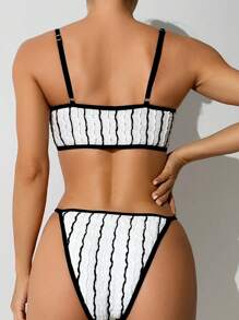 SHEIN Swim Women Bikini Sets Contrast Binding Striped - Hitam dan Putih - View 2