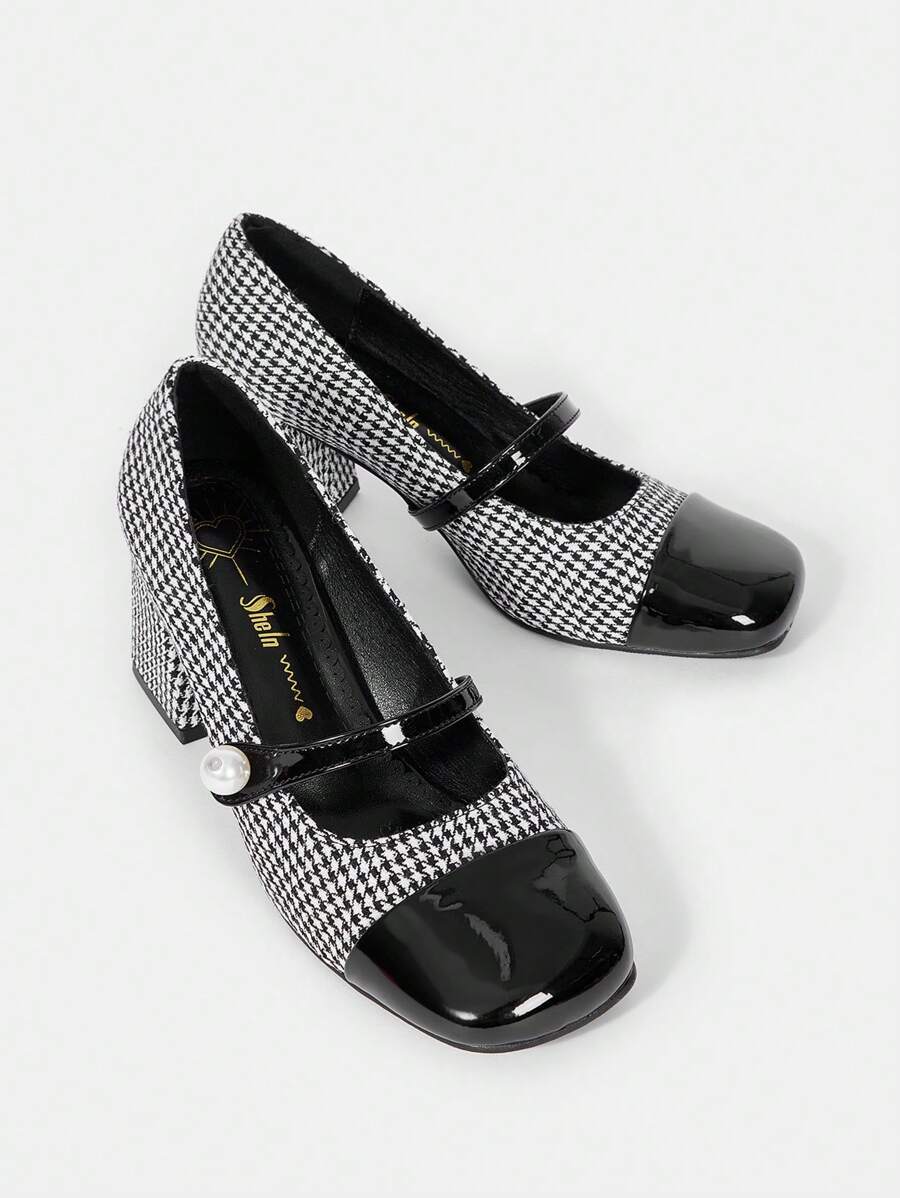 Women's Black High Heeled Pumps - Black and White - View 1