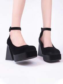 童話風格女鞋：防水平台絲絨珍鞋,厚底粗跟適用於春秋季節 - 黑色 - 查看 3