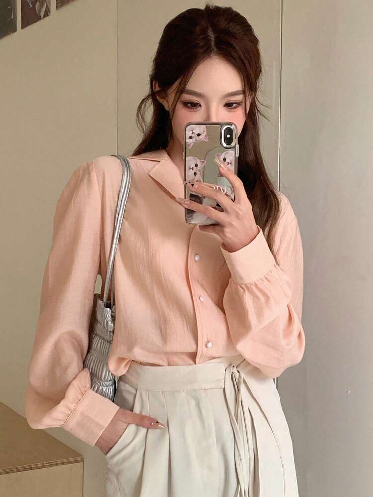 Ladies' Plain Turn-Down Collar Long Sleeve Loose Fit Shirt