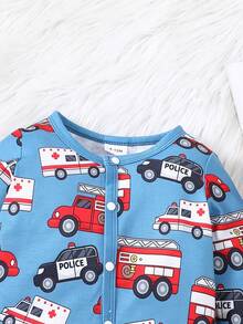 男嬰可愛印花車長袖連身衣,春秋 - 藍色 - 查看 3