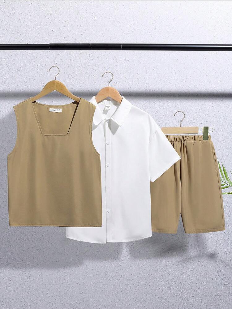 Tween Boys' Casual Korean Style Vest With Crewneck, Loose Fit Pants And Short Sleeve Shirt With Notched Collar, Woven Fabric 3pcs/Set