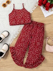 SHEIN Toddler Girls' Red Heart Pattern Printed Cami Top And Shorts Set - Red - View 2