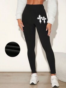 SHEIN EZwear Women's High Waist Leggings With Cross Design - Black - View 1