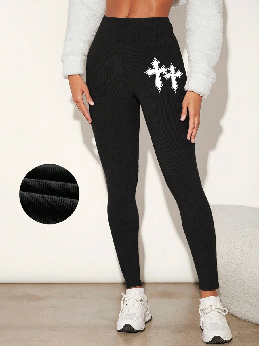 SHEIN EZwear Women's High Waist Leggings With Cross Design - Black - View 1