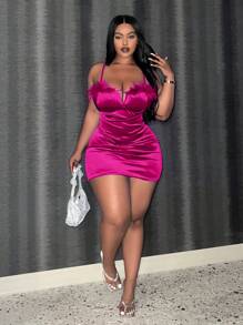 Slaydiva 加大尺碼女士拼接打摺細肩帶連身裙 - 玫紅色 - 查看 3