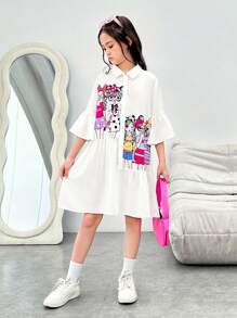 SHEIN 少女街頭風漫畫印花寬鬆短袖襯衫裙,適用於春夏季節 - 白色 - 查看 4