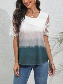 EMERY ROSE Color Block Asymmetric Collar Shirt With Lace Patchwork - Multicolor - View 4