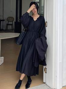 DAZY Notched Neckline Lantern Sleeve Dress - Navy Blue - View 6