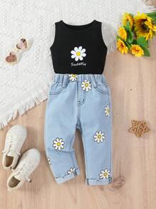 Baby Girl Holiday Style Cute Floral Printed Top And Loose Comfortable Elastic Waist Jeans Set - Multicolor - View 1