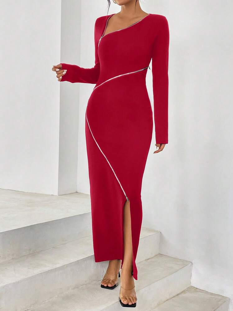 Women's Zipper Design Side Split Dress