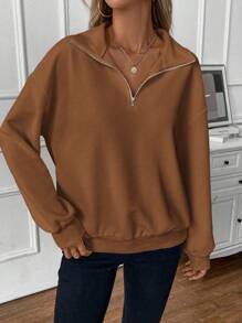 SHEIN LUNE Zipper Half Placket Long Sleeve Sweatshirt - Brown - View 1