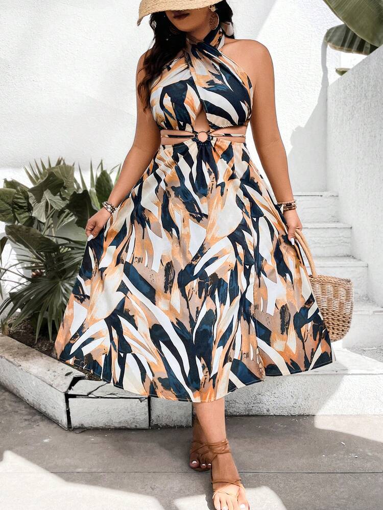 Plus Size Women's Printed Cross V-Neck Backless Dress