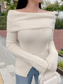 DAZY Của phụ nữ Màu thuần Off Shoulder Áo len - trắng - Xem 5